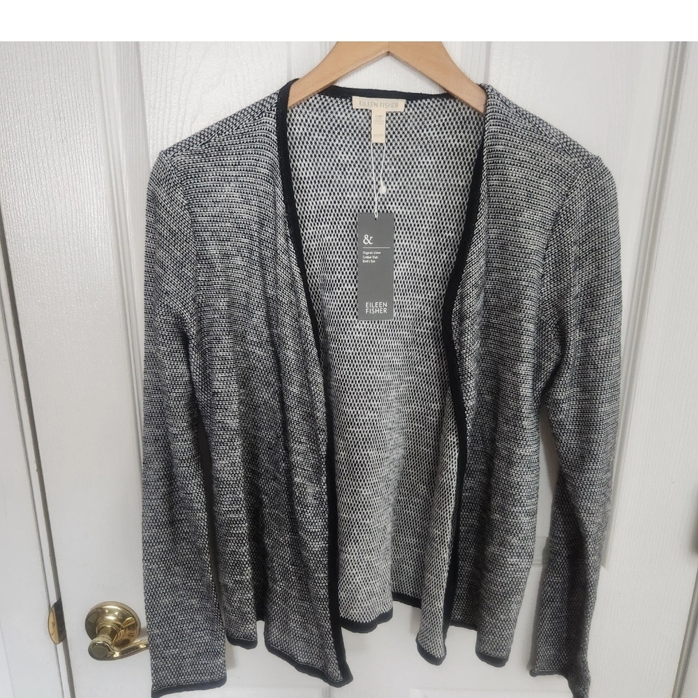 Eileen Fisher Womens Size XS NWT Organic‎ Linen Blend Black White Open Cardigan